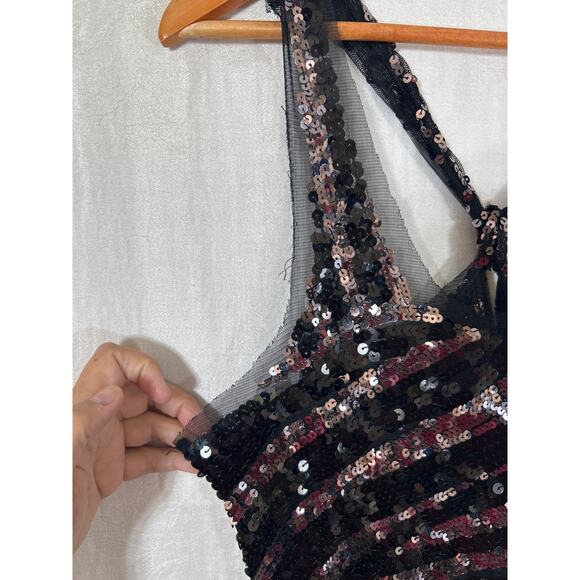 Full Sequin Mini Dress Black Silver Mesh Disco Sleeveless Sheer Unlined Bodycon - Picture 3 of 8